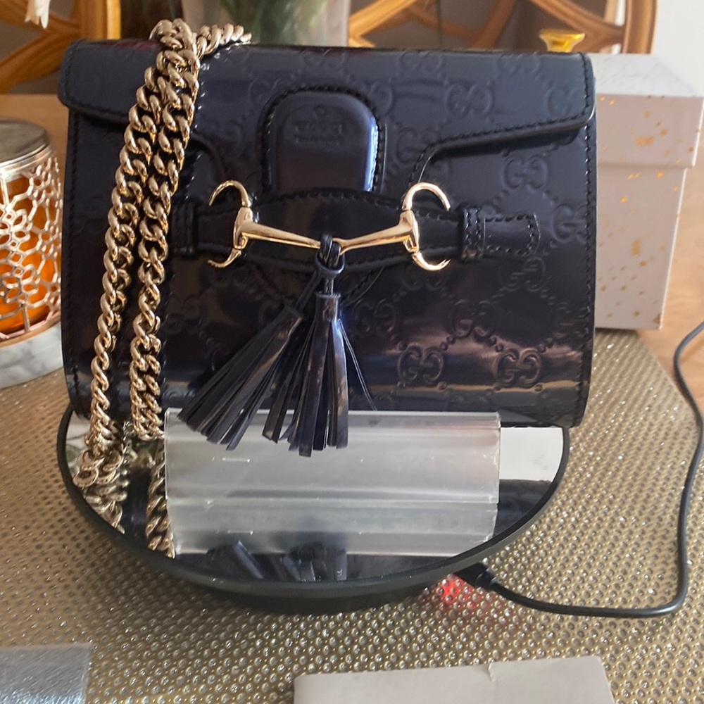Authentic GUCCI Blue Guccissima Patent Leather Mini Emily bag $900